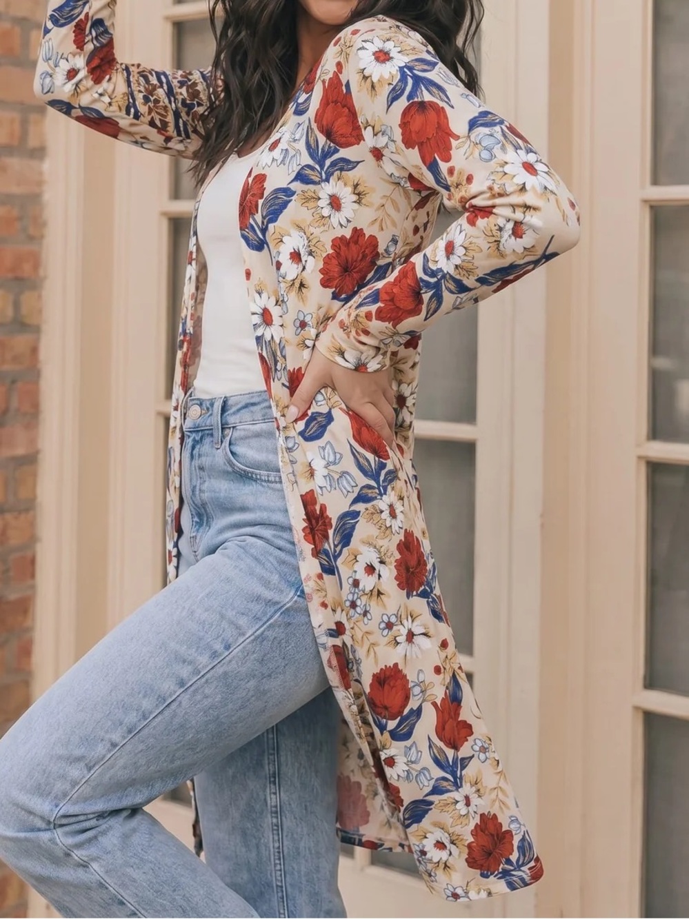 Floral Longline Taupe Cardigan
